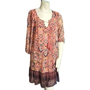 AS U Wish Sz L Peasant Tunic Dress Peach Navy POCKETS Hippie Boho Festival 3/4sl